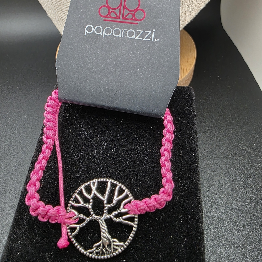 Paparazzi Pink Braided Bracelet with Silver Tree Pendant (1529)
